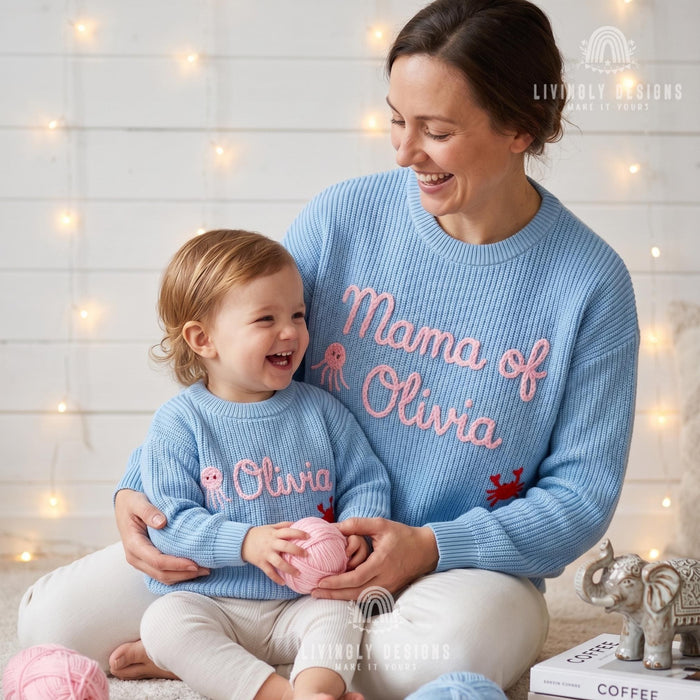 Personalized Embroidered Mama & Baby Matching Sweaters | Custom Name Knit Pullover for Mom and Kids