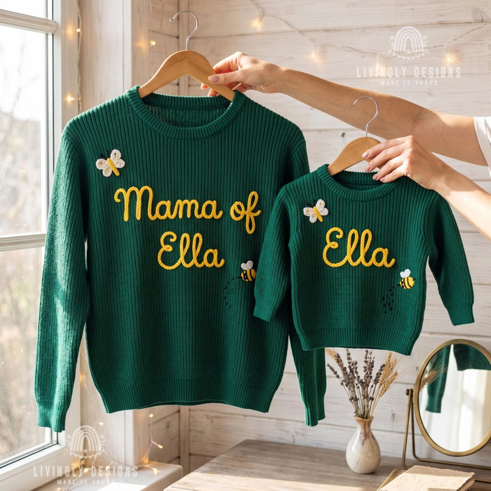 Personalized Embroidered Mama & Baby Matching Sweaters | Custom Name Knit Pullover for Mom and Kids