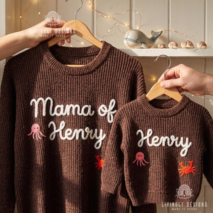 Personalized Embroidered Mama & Baby Matching Sweaters | Custom Name Knit Pullover for Mom and Kids