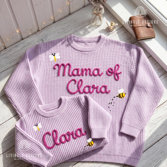 Personalized Embroidered Mama & Baby Matching Sweaters | Custom Name Knit Pullover for Mom and Kids