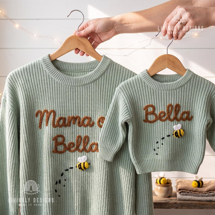 Personalized Embroidered Mama & Baby Matching Sweaters | Custom Name Knit Pullover for Mom and Kids