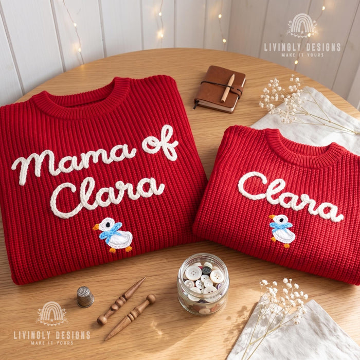 Personalized Embroidered Mama & Baby Matching Sweaters | Custom Name Knit Pullover for Mom and Kids