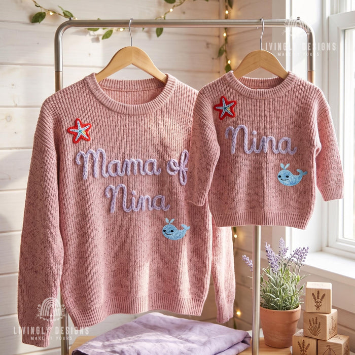 Personalized Embroidered Mama & Baby Matching Sweaters | Custom Name Knit Pullover for Mom and Kids