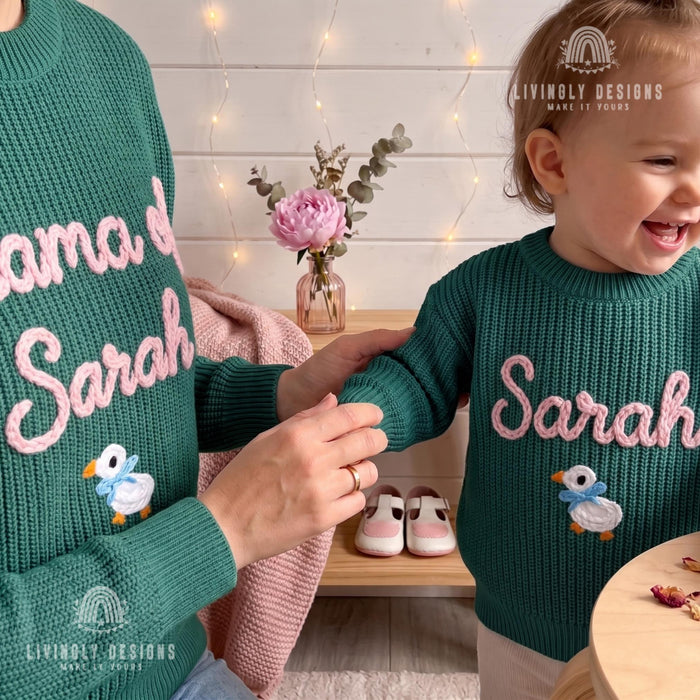Personalized Embroidered Mama & Baby Matching Sweaters | Custom Name Knit Pullover for Mom and Kids