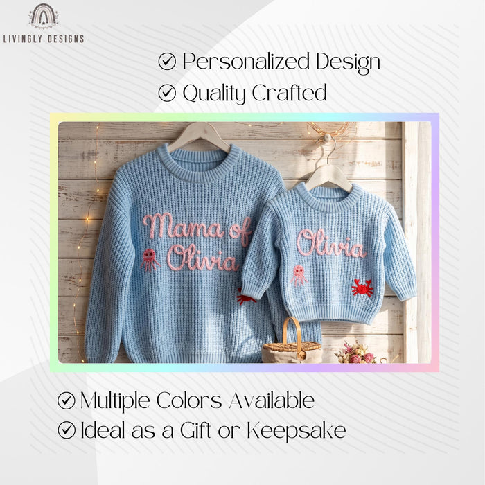 Personalized Embroidered Mama & Baby Matching Sweaters | Custom Name Knit Pullover for Mom and Kids