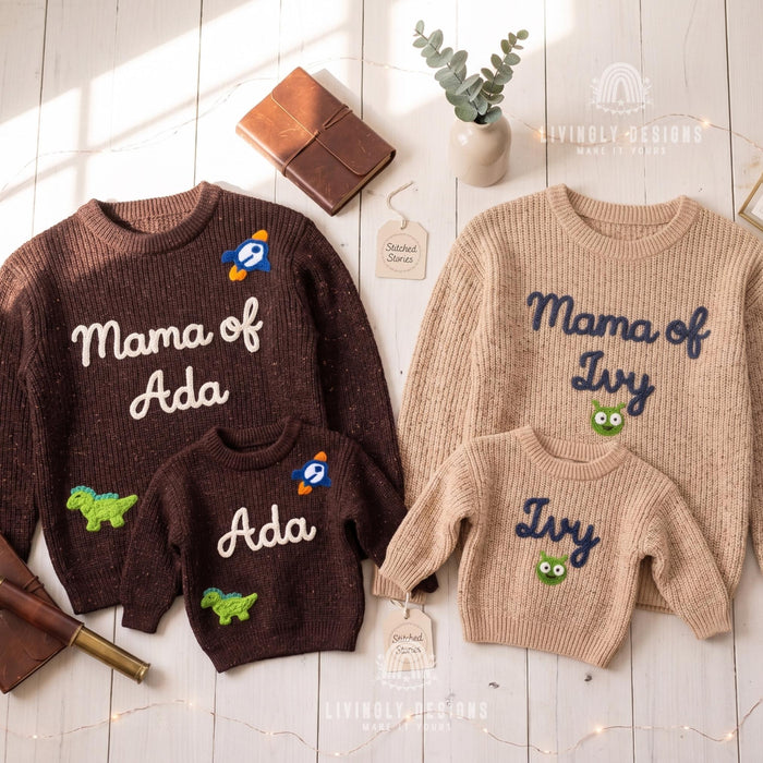 Personalized Embroidered Mama & Baby Matching Sweaters | Custom Name Knit Pullover for Mom and Kids