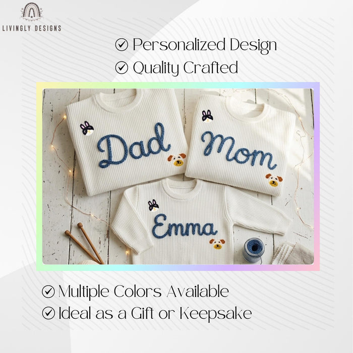Personalized Embroidered Adornments Matching Sweaters | Custom Family Knit Pullovers
