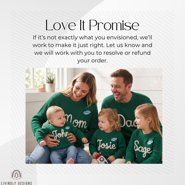 Personalized Embroidered Adornments Matching Sweaters | Custom Family Knit Pullovers