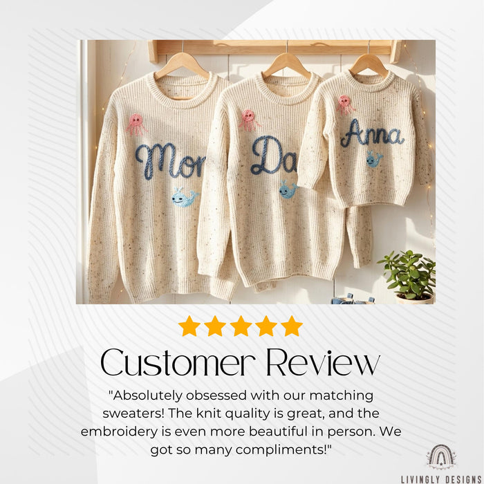 Personalized Embroidered Adornments Matching Sweaters | Custom Family Knit Pullovers