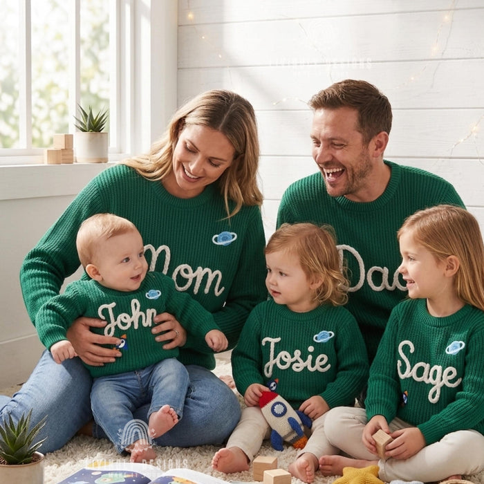 Personalized Embroidered Adornments Matching Sweaters | Custom Family Knit Pullovers