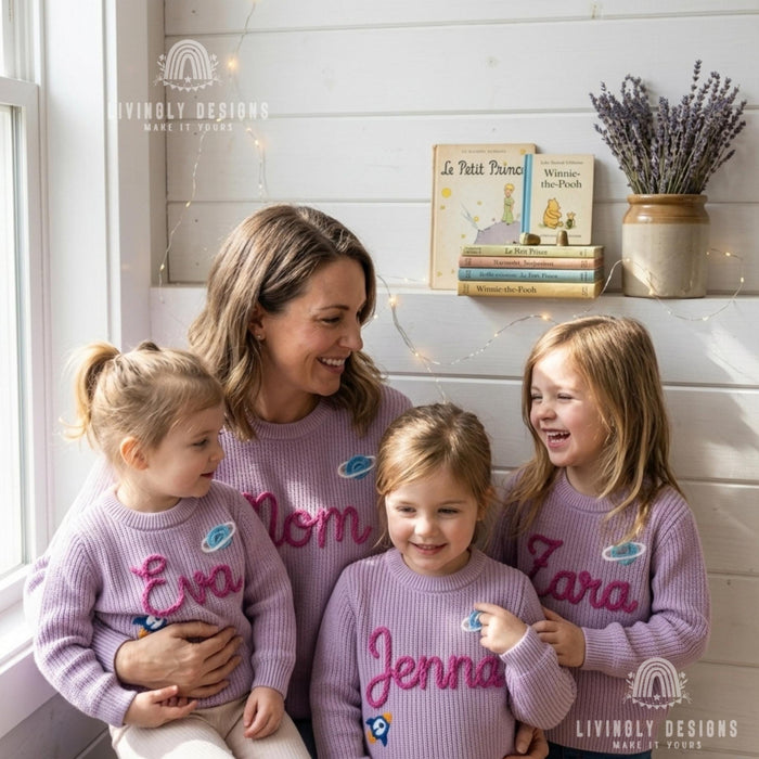Personalized Embroidered Adornments Matching Sweaters | Custom Family Knit Pullovers