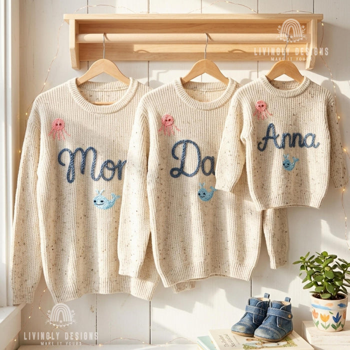 Personalized Embroidered Adornments Matching Sweaters | Custom Family Knit Pullovers