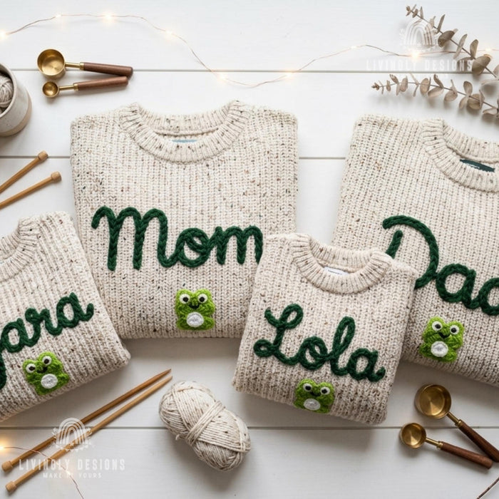 Personalized Embroidered Adornments Matching Sweaters | Custom Family Knit Pullovers