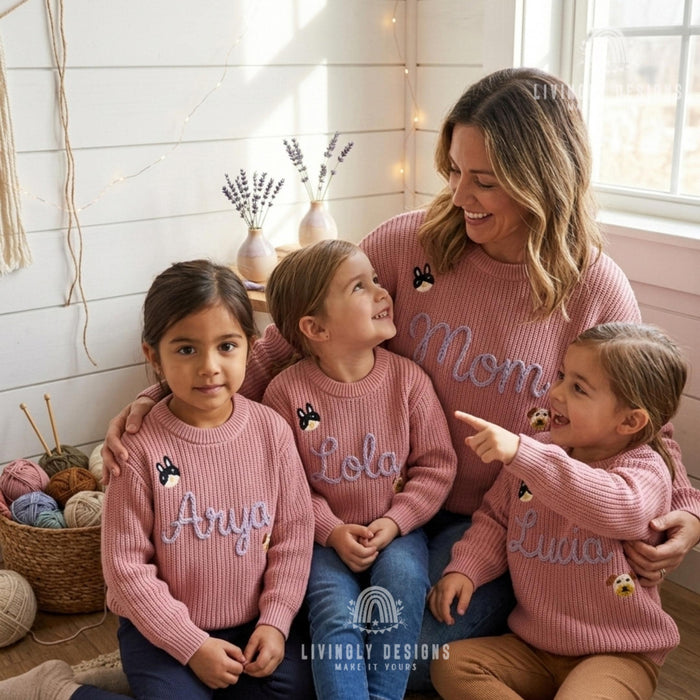 Personalized Embroidered Adornments Matching Sweaters | Custom Family Knit Pullovers