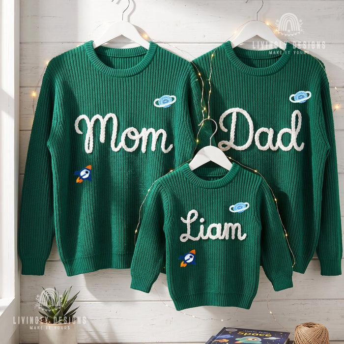 Personalized Embroidered Adornments Matching Sweaters | Custom Family Knit Pullovers