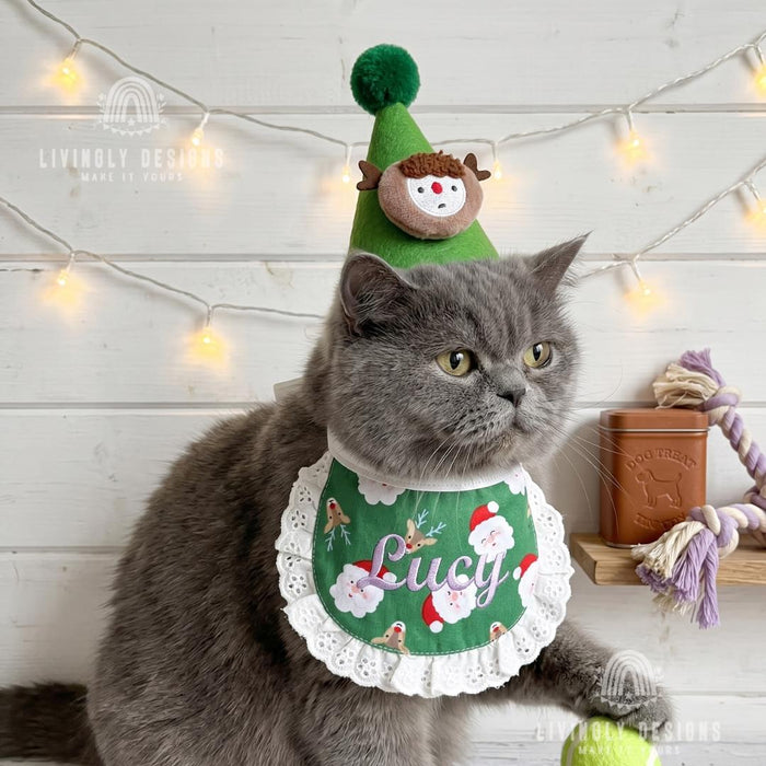 Custom Personalized Pet Cat Dog Christmas Costume Set:  Santa Claus & Reindeer Plush Hat with Lace Bib  Drool Bib