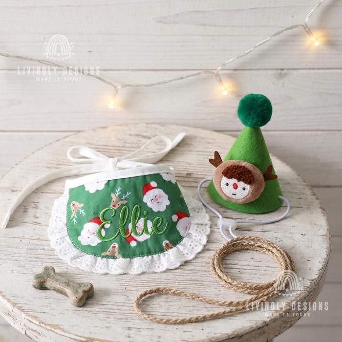 Personalized Christmas Pet Accessory Hat and Lace Bib for Cats & Dogs