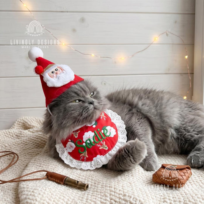 Custom Personalized Pet Cat Dog Christmas Costume Set:  Santa Claus & Reindeer Plush Hat with Lace Bib  Drool Bib