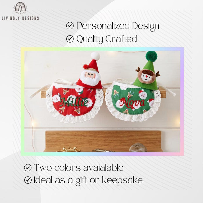Personalized Christmas Pet Accessory Hat and Lace Bib for Cats & Dogs