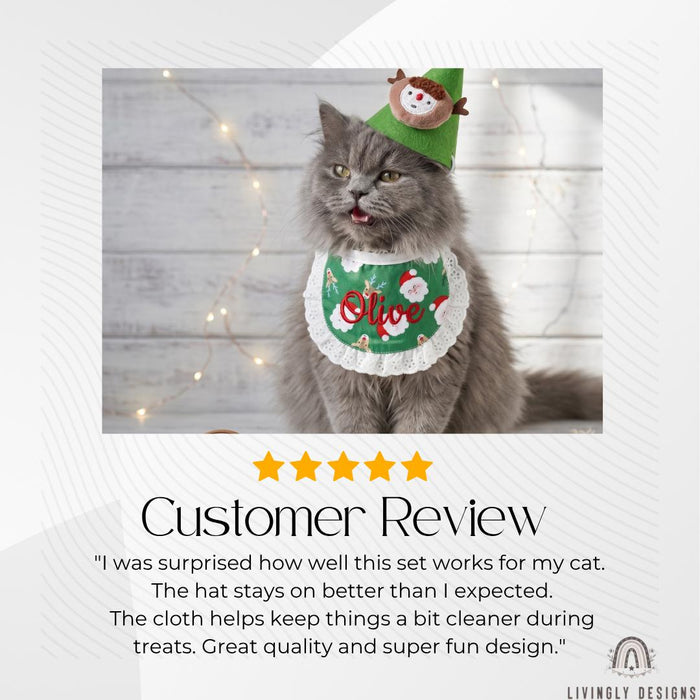 Custom Personalized Pet Cat Dog Christmas Costume Set:  Santa Claus & Reindeer Plush Hat with Lace Bib  Drool Bib