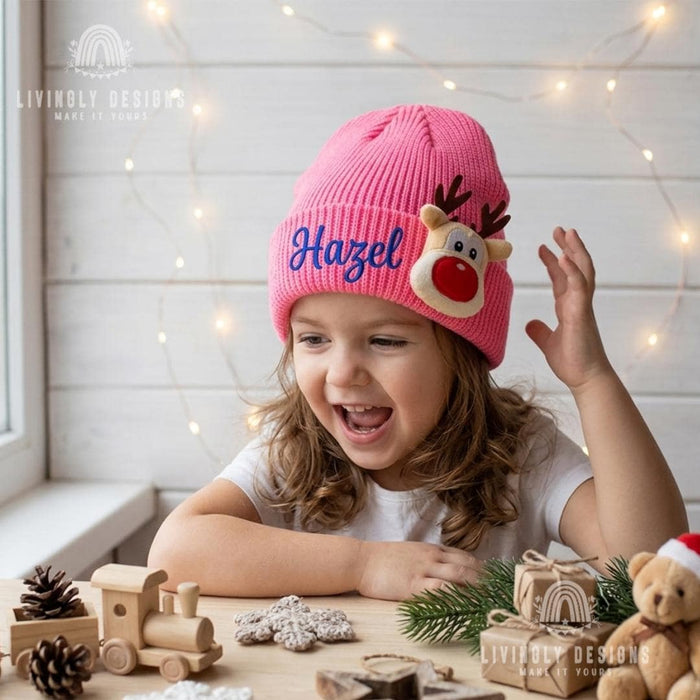 Personalized Name Embroidered Baby Winter Hat with Reindeer