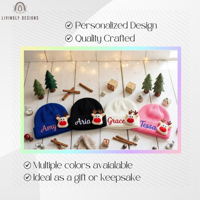 Custom Name Embroidered Toddler Winter Hat : Personalized Knit Beanie for Boys & Girls | Warm Christmas Baby Hat with Reindeer Patch