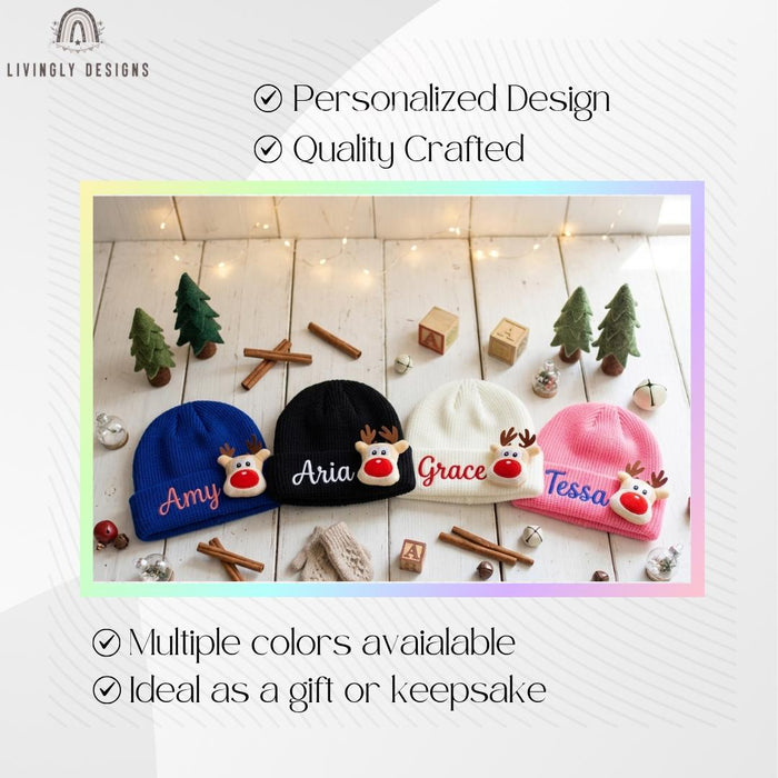 Personalized Name Embroidered Baby Winter Hat with Reindeer
