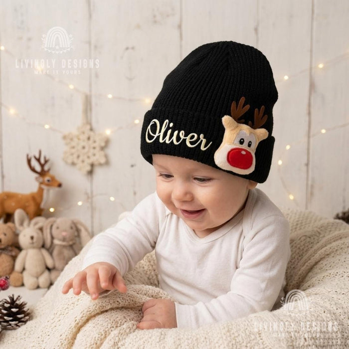 Personalized Name Embroidered Baby Winter Hat with Reindeer