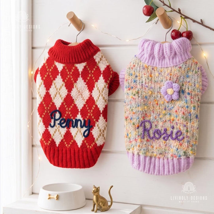 Custom Embroidered Festive Pet Winter Pullover Kitten & Puppy Clothes