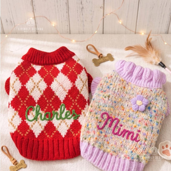 Custom Embroidered Festive Pet Winter Pullover Kitten & Puppy Clothes