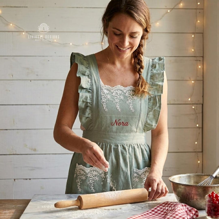 Embroidered Cotton Kitchen Lace Ruffle Apron with Custom Name