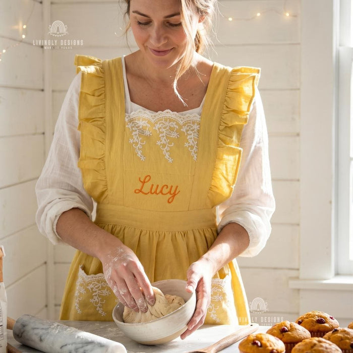 Embroidered Cotton Kitchen Lace Ruffle Apron with Custom Name