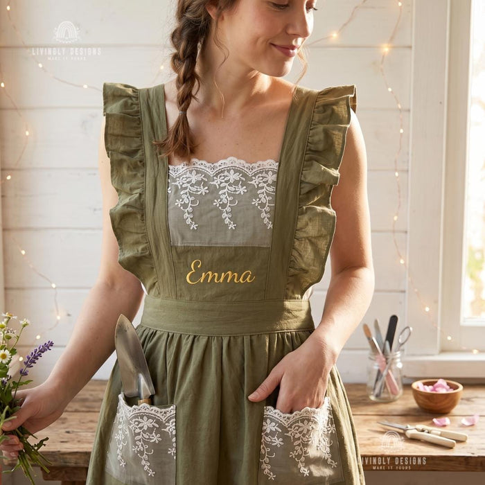 Embroidered Cotton Kitchen Lace Ruffle Apron with Custom Name