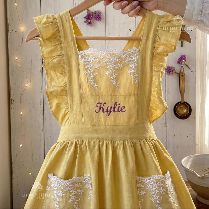 Embroidered Cotton Kitchen Lace Ruffle Apron with Custom Name