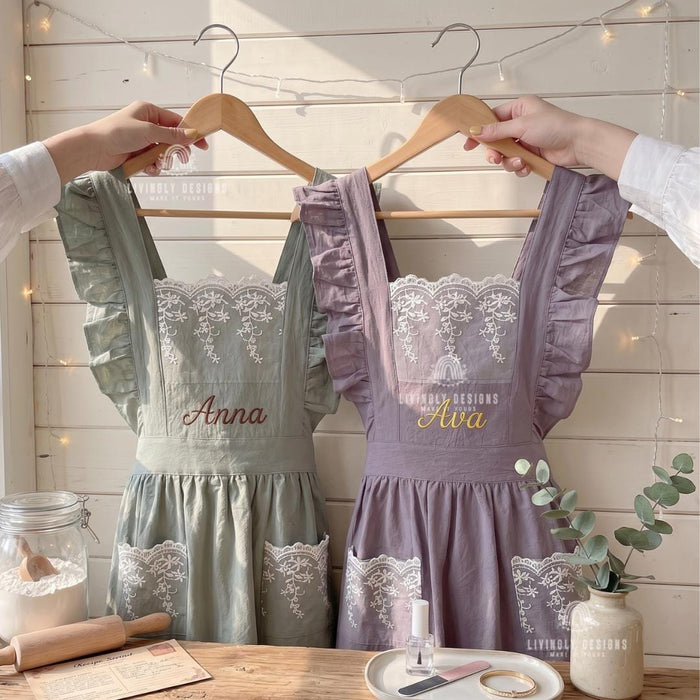 Embroidered Cotton Kitchen Lace Ruffle Apron with Custom Name