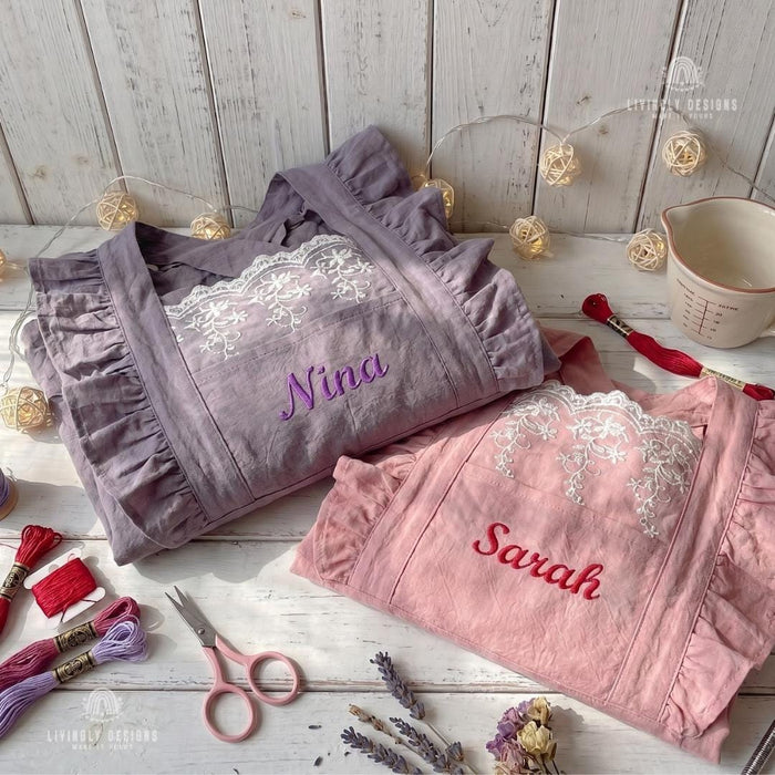Embroidered Cotton Kitchen Lace Ruffle Apron with Custom Name