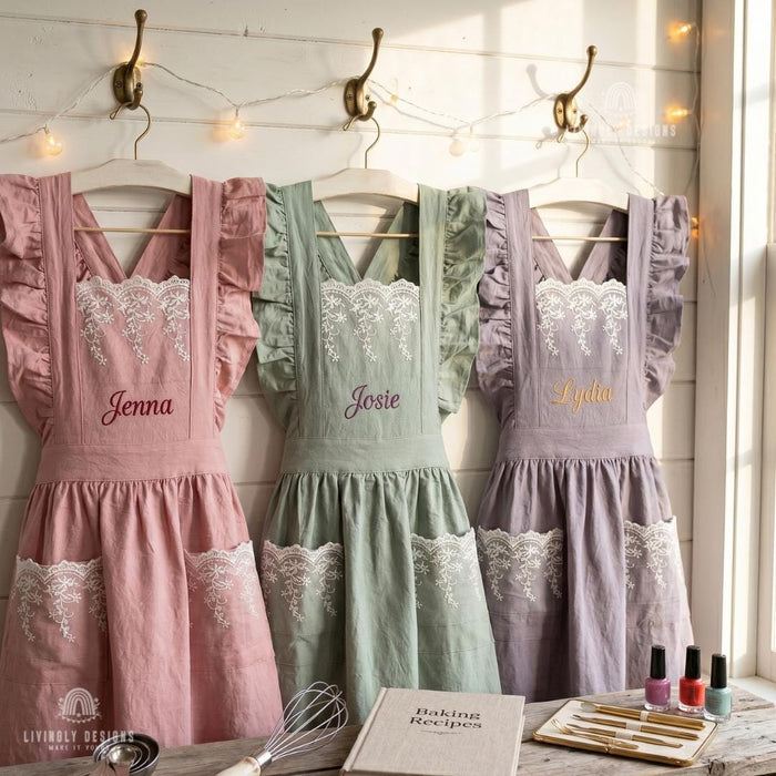Embroidered Cotton Kitchen Lace Ruffle Apron with Custom Name