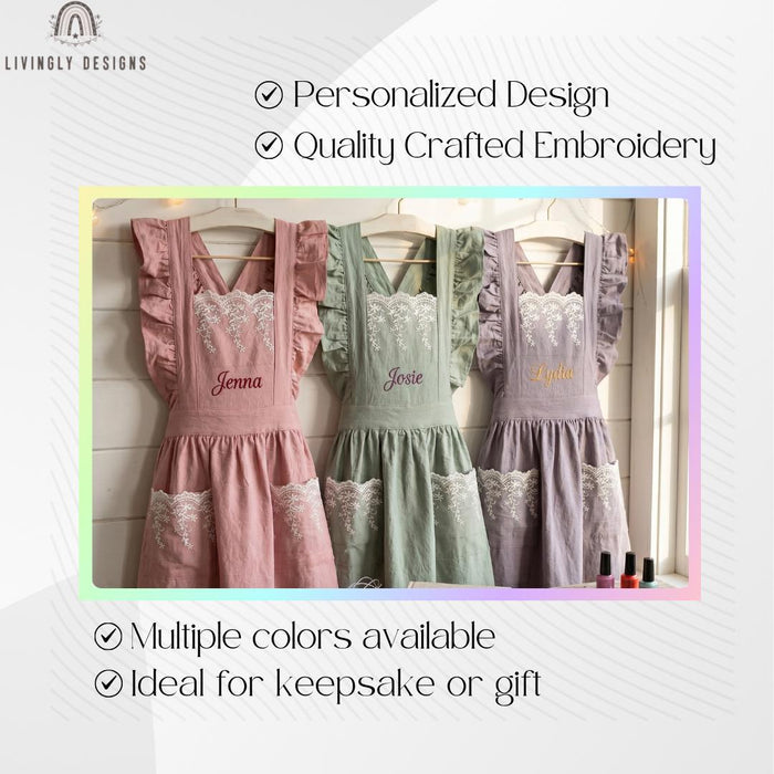 Embroidered Cotton Kitchen Lace Ruffle Apron with Custom Name