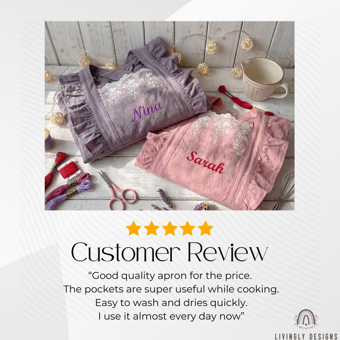 Embroidered Cotton Kitchen Lace Ruffle Apron with Custom Name