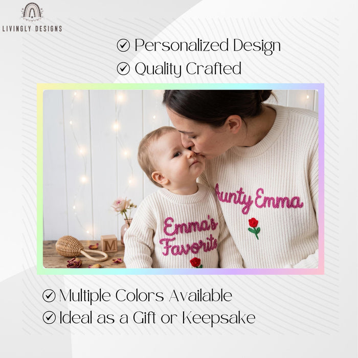 Personalized Aunty & Niece Matching Sweaters | Custom Name Embroidered Knit Jumper