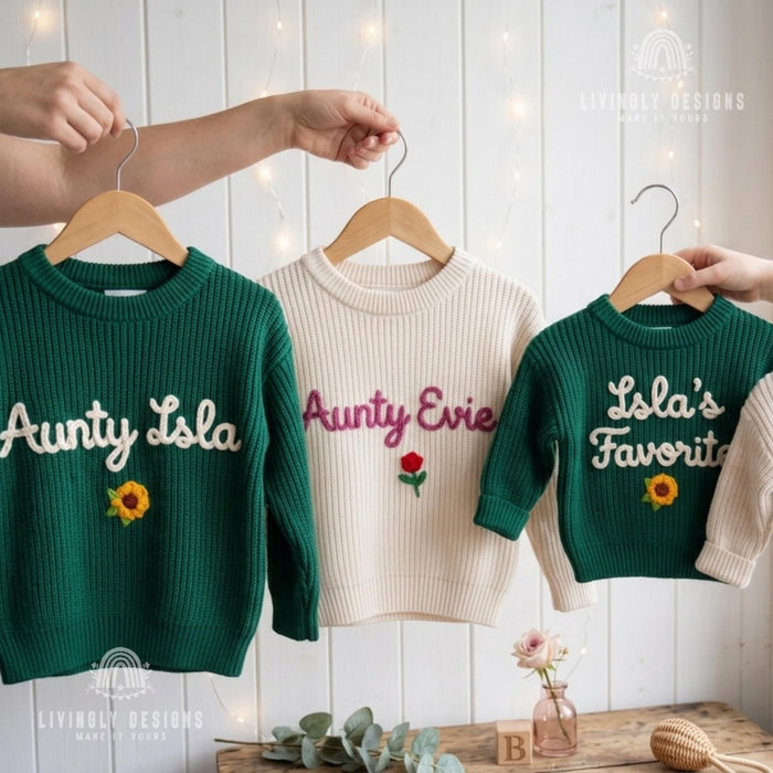 Personalized Aunty & Niece Matching Sweaters | Custom Name Embroidered Knit Jumper