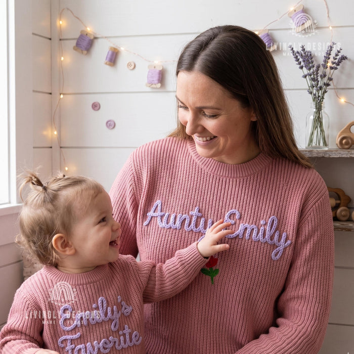 Personalized Aunty & Niece Matching Sweaters | Custom Name Embroidered Knit Jumper