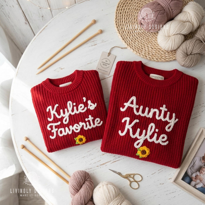 Personalized Aunty & Niece Matching Sweaters | Custom Name Embroidered Knit Jumper