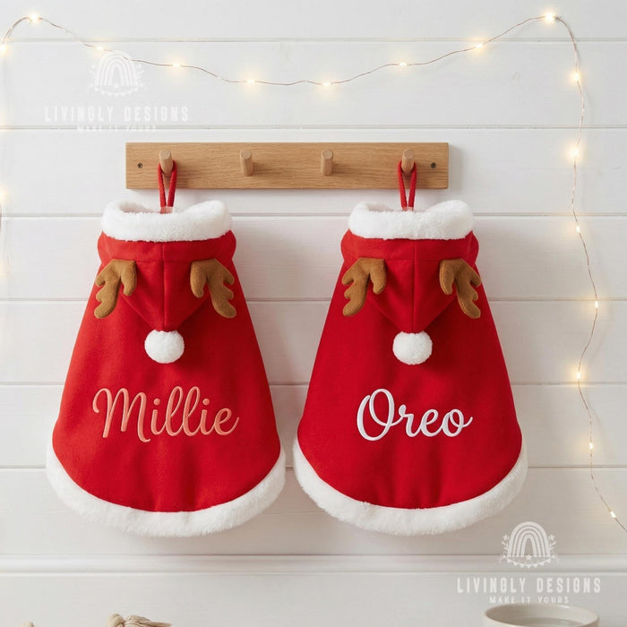 Custom Name Reindeer Pet Cloak, Cozy Christmas Hooded Cape for Dogs and Cats