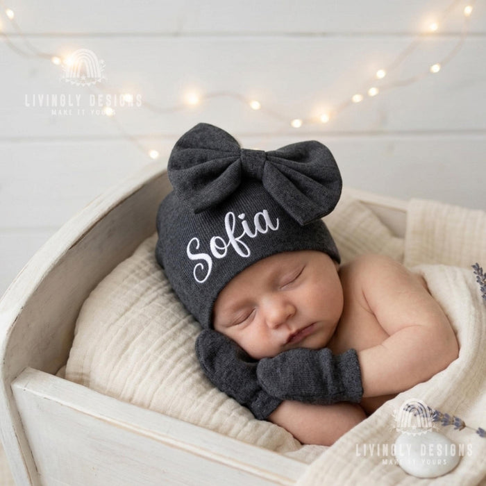 Custom Cute Ribbed Knit Winter Hat and Mittens for Baby & Newborn