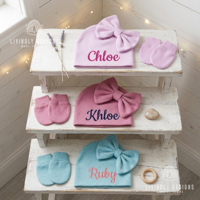Custom Cute Ribbed Knit Winter Hat and Mittens for Baby & Newborn
