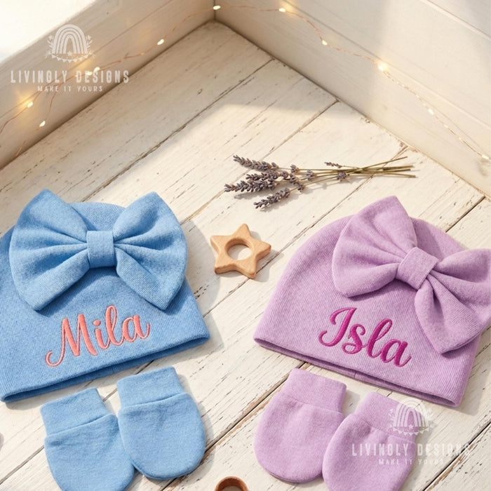 Custom Cute Ribbed Knit Winter Hat and Mittens for Baby & Newborn