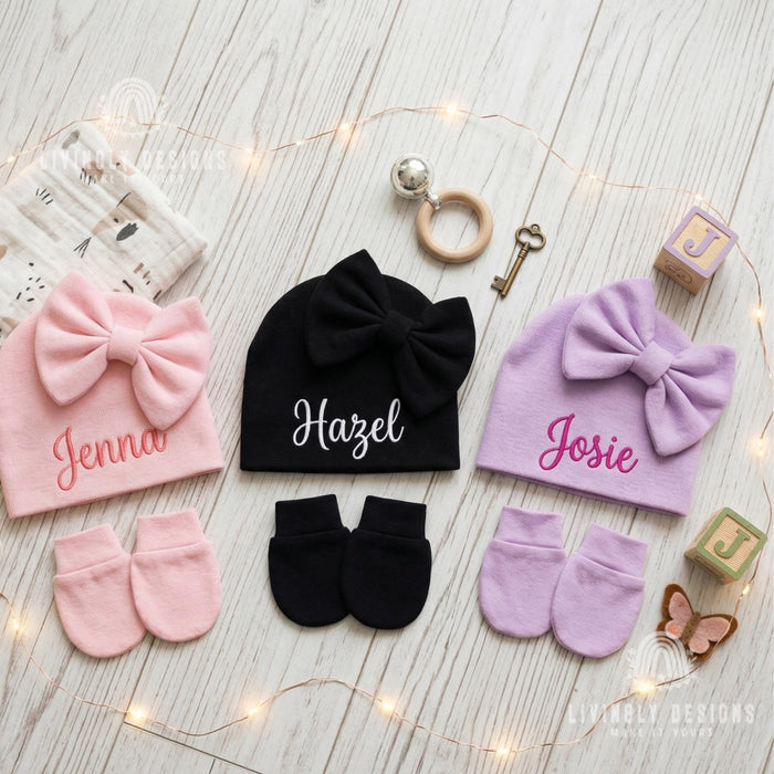 Custom Cute Ribbed Knit Winter Hat and Mittens for Baby & Newborn