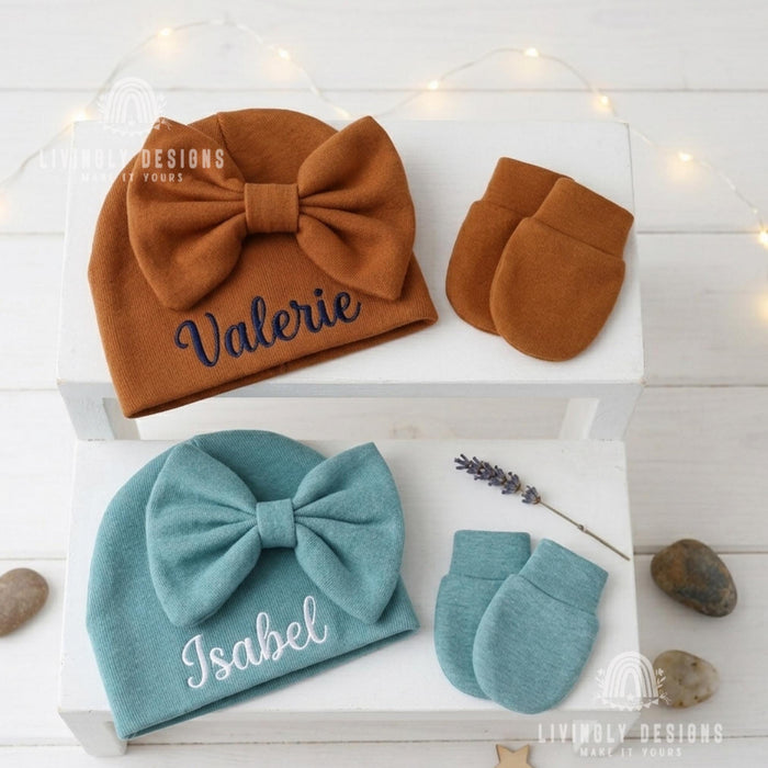 Custom Cute Ribbed Knit Winter Hat and Mittens for Baby & Newborn