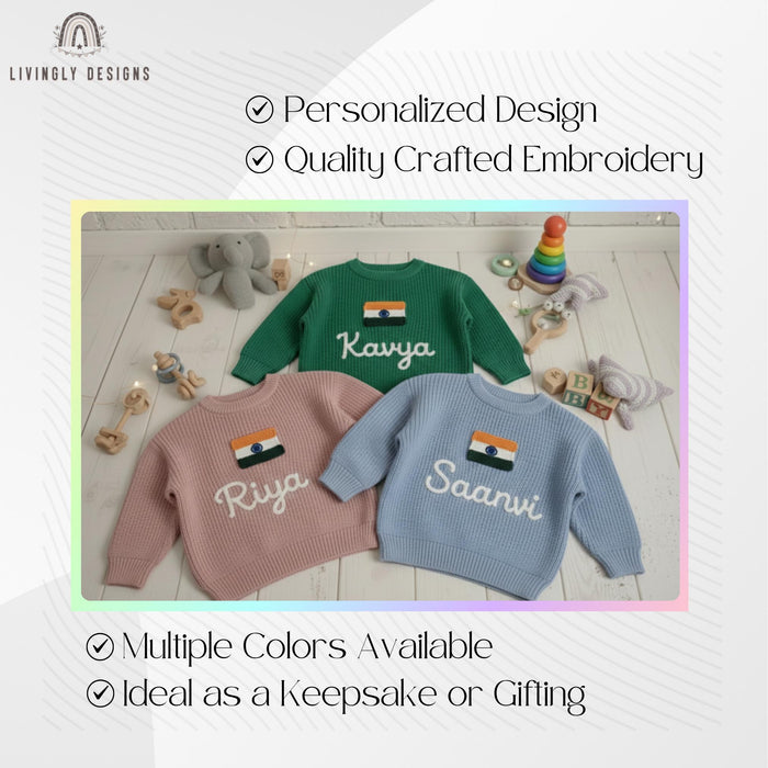 Custom India Flag Name Sweater | Embroidered Indian Tricolor Family Outfit Gift